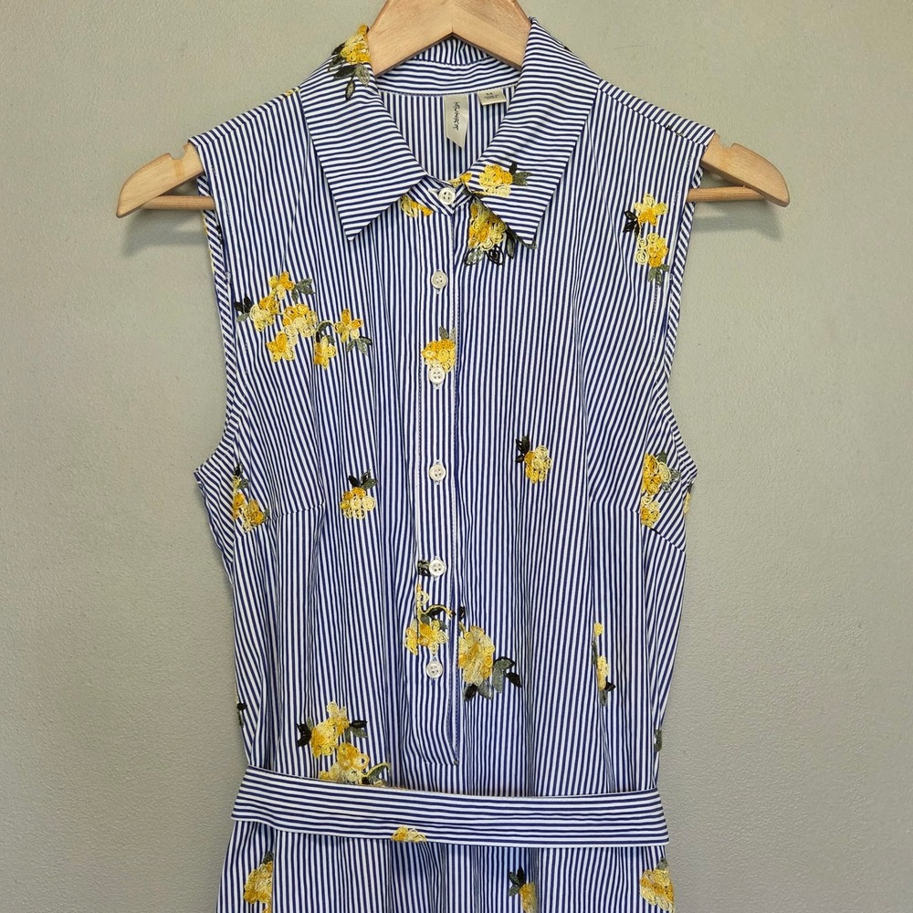 Striped Floral Embroidered Maxi Shirt Dress Size Medium Coastal Cottage Preppy - Picture 11 of 12